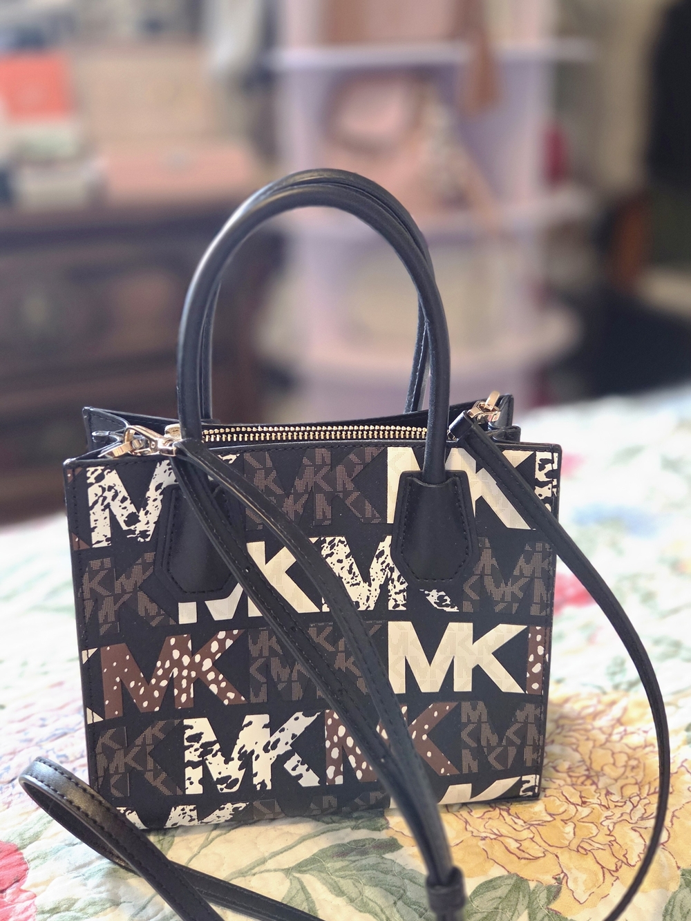 Michael Kors Brown and Black MK Logo Patchwork Satchel